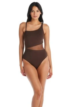 Don't Mesh With Me One Piece Mesh One Shoulder Swimsuit -Bleu Rod Beattie Sales bleu rod dmwm23 1 pc 4 dk chocolate one piece one shoulder mesh swimsuit dm23 35175593771183