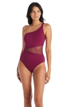 Don't Mesh With Me One Piece Mesh One Shoulder Swimsuit -Bleu Rod Beattie Sales bleu rod dmwm23 1 pc 4 pomegranate one piece one shoulder mesh swimsuit dm23 35175593640111