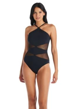 Don't Mesh With Me Diamond High Neck One Piece Swimsuit -Bleu Rod Beattie Sales bleu rod dont mesh with me 1 pc one piece high neck mesh side swimsuit dm 35118255866031