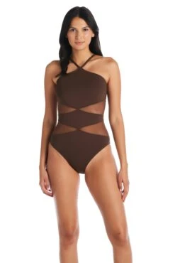 Don't Mesh With Me Diamond High Neck One Piece Swimsuit -Bleu Rod Beattie Sales bleu rod dont mesh with me 1 pc one piece high neck mesh side swimsuit dm 35118255898799
