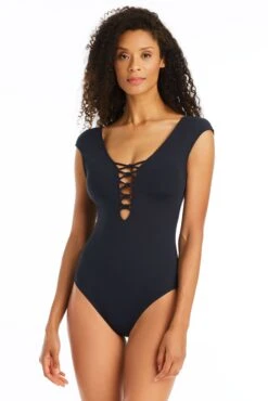 Hole In OneLattice Cap Sleeve One Piece Swimsuit