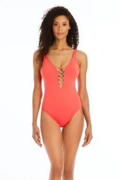 Kore One Piece Low Lace Down Swimsuit -Bleu Rod Beattie Sales bleu rod kore 1 pc 6 hot coral rose gold kore one piece low lace down swimsuit 35797613052079
