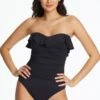 Kore Ruffled Bandeau One Piece Swimsuit -Bleu Rod Beattie Sales bleu rod kore 1 pc one piece bandeau swimsuit ruffled with optional strap 33266915377327