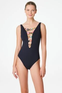 Let's Get Loud High Neck Lace Down One Piece Swimsuit -Bleu Rod Beattie Sales bleu rod let s get loud 1 pc one piece swimsuit plunge lace down front 34090912252079