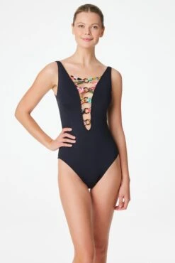 Let's Get Loud High Neck Lace Down One Piece Swimsuit -Bleu Rod Beattie Sales bleu rod let s get loud 1 pc one piece swimsuit plunge lace down front 34090912448687