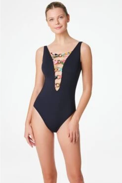 Let's Get Loud High Neck Lace Down One Piece Swimsuit -Bleu Rod Beattie Sales bleu rod let s get loud 1 pc one piece swimsuit plunge lace down front 34090913038511