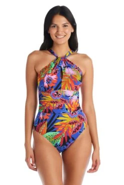 Night Safari Key Hole High Neck One Piece Swimsuit