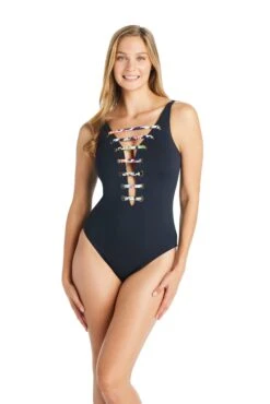 Party Animal Plunge Lace Down One Piece Swimsuit