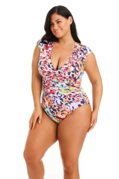 Party Animal Cap Sleeve One Piece Swimsuit Plus -Bleu Rod Beattie Sales bleu rod party animal plus 1 pc cap sleeve one piece swimsuit plus pa 35265852571823