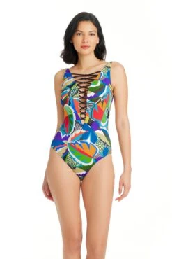 The Mix Plunge Lace Down One Piece Swimsuit -Bleu Rod Beattie Sales bleu rod themix 1 pc 4 the mix multi the mix plunge lace down one piece swimsuit 36109967949999