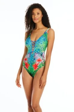 Tropical Flight High Neck Lace Down One Piece Swimsuit -Bleu Rod Beattie Sales bleu rod tropical flight 1 pc 4 tf multi tropical flight high neck lace down one piece swimsuit 35796901527727