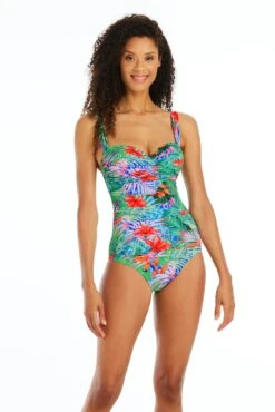 Tropical Flight One Piece Shirred Bandeau Swimsuit -Bleu Rod Beattie Sales bleu rod tropical flight 1 pc 4 tf multi tropical flight one piece shirred bandeau swimsuit 35796926726319