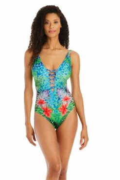 Tropical Flight High Neck Lace Down One Piece Swimsuit -Bleu Rod Beattie Sales bleu rod tropical flight 1 pc tropical flight high neck lace down one piece swimsuit 35796901494959