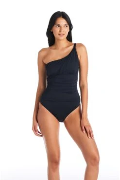 Let's Get Twisted Shirred One Shoulder One Piece Swimsuit 12 Let's Get Twisted Shirred One Shoulder One Piece Swimsuit -Bleu Rod Beattie Sales blue rod let s get twisted 1 pc 4 black one shoulder twist one piece swimsuit lgt 35181449380015